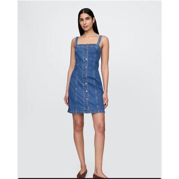 Gap Denim indigo Blue Jean Overall MIDI Boho Gorpecore Hippie Dress 8 - Picture 2 of 14